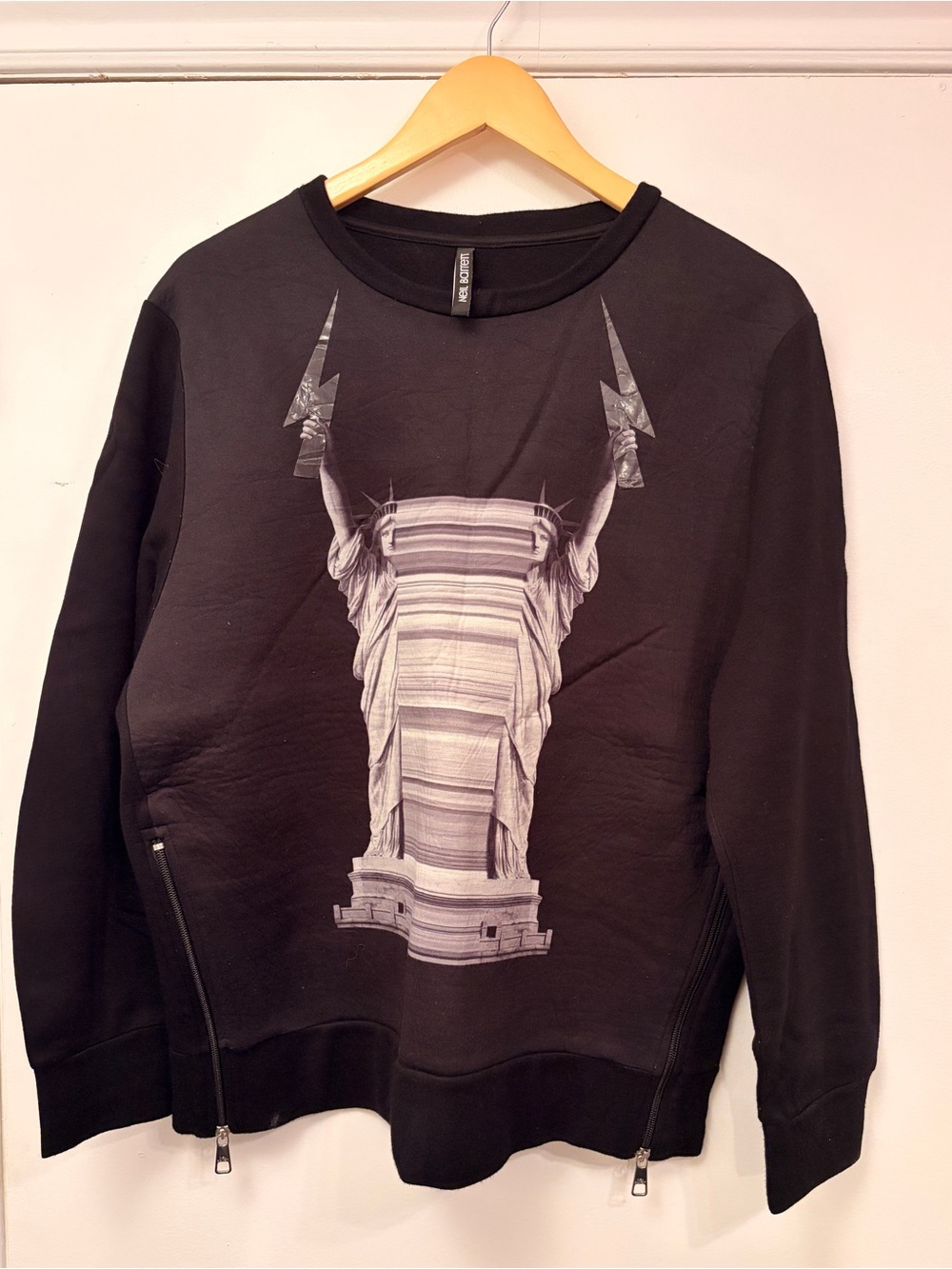 Neil Barrett Black Crewneck with Gray Statue & Lightning Motif
